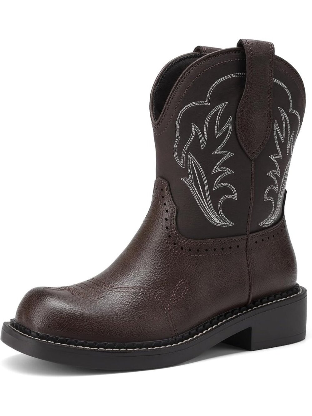 Women's Full Brown Faux Leather Round Toe Western Low Heel Embroidered Boots